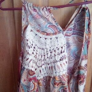 Vibrant Asymmetrical Paisley Dress with Crochet Accent